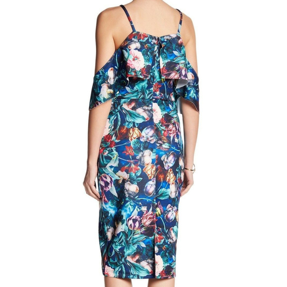 Alexia Admor Floral Cold-Shoulder Midi Cocktail Dress Ruffle Sleeve ,Size S,NEW - Picture 2 of 9